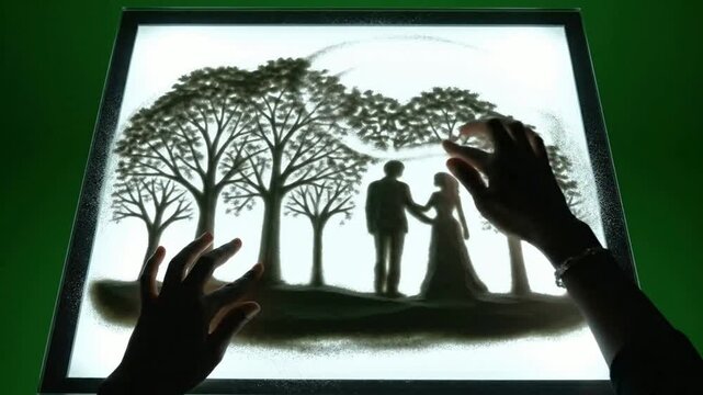 Artistic sand animation of romantic couple in forest landscape on light box creativity