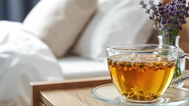 Glass cup of chamomile herbal tea on a wooden bedside table. Lavender flowers and bed in the background. Wellness and relaxation concept