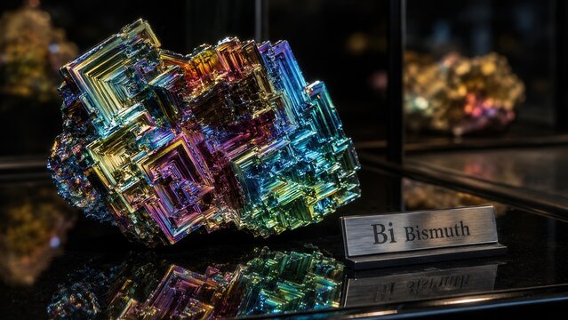 Bright bismuth crystal specimen displayed in a museum with vibrant colors and unique shapes under glass case