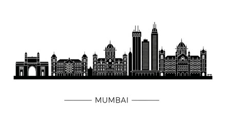 Obraz premium Mumbai Skyline Silhouette: Iconic Cityscape Illustration, Black & White