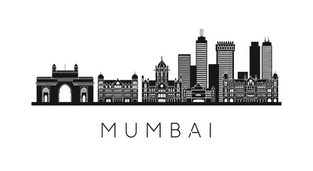 Obraz premium Mumbai Skyline Silhouette: Iconic Cityscape Illustration, Black and White