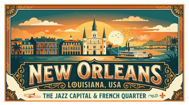 New Orleans Vintage Travel Poster: French Quarter, Mississippi Riverboat, Sunset