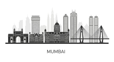 Obraz premium Mumbai Skyline Silhouette: Iconic Indian Cityscape Against White