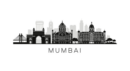 Obraz premium Mumbai Skyline Silhouette: Iconic Landmarks Cityscape Monochrome.