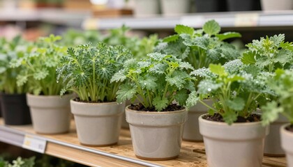 Fototapeta premium Row of small potted green houseplants with textured leaves arranged on a wooden retail shelf
