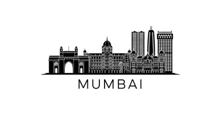 Obraz premium Mumbai skyline silhouette, India cityscape illustration, black architectural design