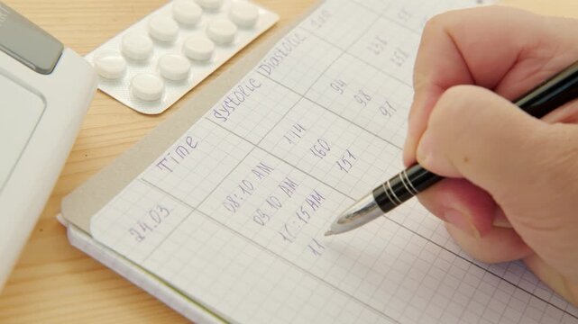 health daily tracking, hand writing blood pressure readings from monitor on sheet of paper, documenting blood pressure results, self-monitoring measurement, cardiovascular health
