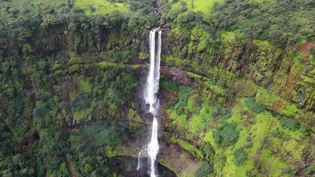 Monsoon waterfall in Sahyadri Hills aerial drone photography