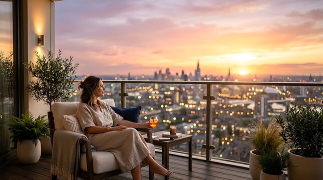 Young woman enjoying a breathtaking sunset over a vibrant city skyline from her luxurious high-rise apartment balcony, embracing a peaceful evening vista