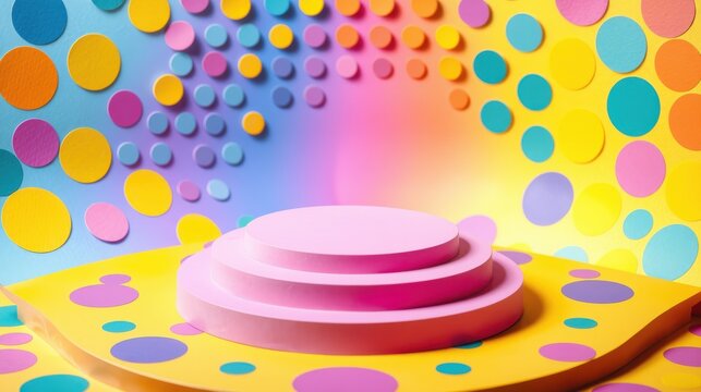 Colorful abstract backdrop features tiered pink platform. Circles cover walls, creating vibrant, playful presentation space.