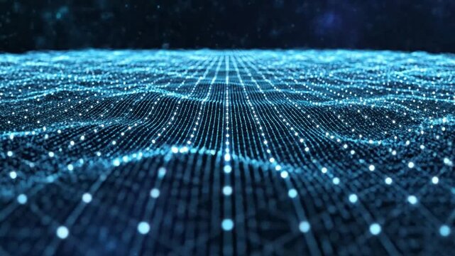 Abstract blue digital data wave background, futuristic technology network grid motion, cyber security concept, particle flow animation, connectivity loop