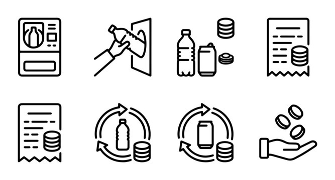 Recycling Icons Set: Bottle Deposit Machine, Hand Inserting Bottle, Plastic Bottles, Cans, Coins, Receipts, and Recycling Loops for Sustainable Business and Eco-Friendly Concepts