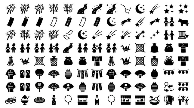 Traditional Japanese Festival Icons Set with Cultural Symbols and Decorations Vector Illustration