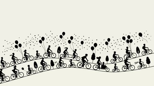 Silhouetted cyclists with balloons in a festive scene