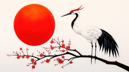 Fototapeta premium Elegant Crane Standing on Cherry Blossom Branch Under Bright Red Sun with White Background