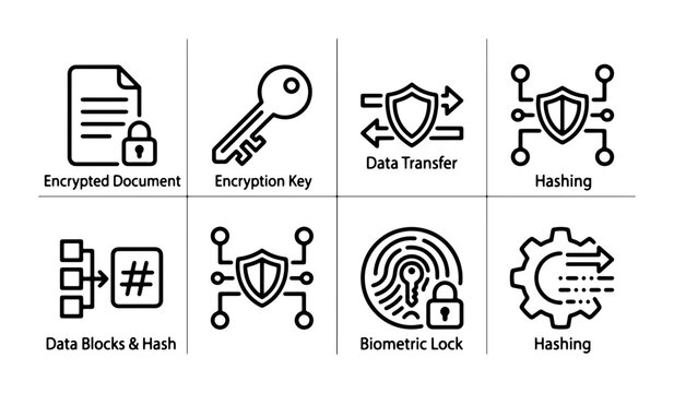 Cybersecurity Icons Set: Encrypted Document, Key, Data Transfer, Hashing, Biometric Lock, Technology Security Concepts
