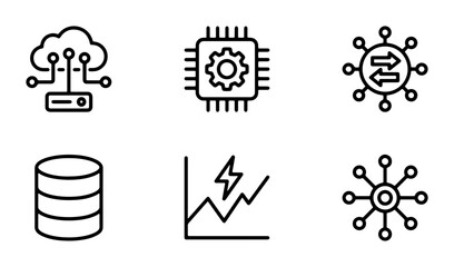 Technology Icons Set: Cloud Computing, CPU Chip, Network Hub, Database, Analytics Graph, Data Connection, Digital Innovation, System Management, Information Flow, Big Data © Sabrina