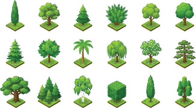 Isometric green trees and garden bushes vector icon set featuring palm pine oak birch and cypress plants for game design.Isometric green trees and garden bushes vector icon set featuring palm pine oak