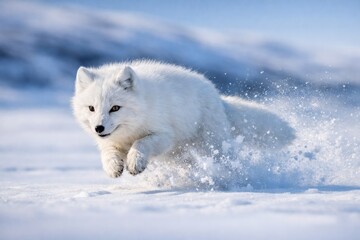 Naklejka premium Action photo of a white Arctic fox running at high speed through a deep winter snow field. This beautiful northern animal image is suitable for winter travel guides and posters.