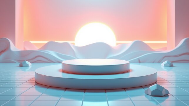 Minimalist stage. Circular platforms, soft lighting, pastel colors. Background suggests horizon, clouds, serene atmosphere.