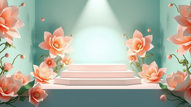 Floral stage backdrop. Soft lighting highlights pedestal. Peach blossoms frame presentation area. Elegant, serene atmosphere.