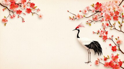 Fototapeta premium Elegant crane standing gracefully among blooming cherry blossoms on a soft textured background