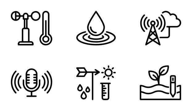 Weather Science Icons Set: Anemometer, Thermometer, Water Drop, Radio Tower, Microphone, Rain Gauge, Soil Sensor, Sun, Plants - Vector Graphics for Meteorology and Agriculture