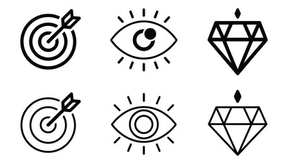 Line icon set with mission vision and values symbols including target with arrow eye and diamond for goals and business success © MstMaya