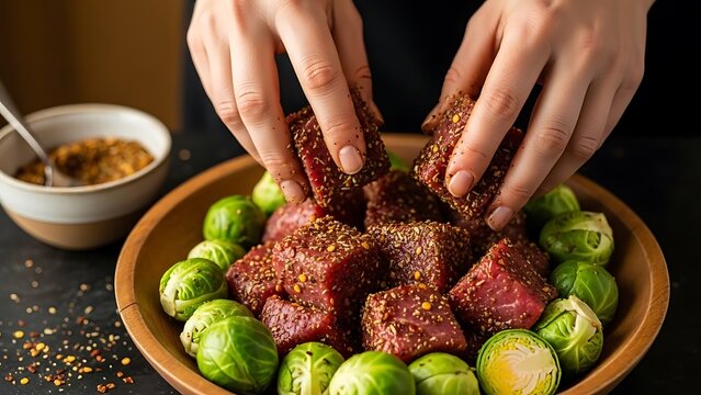 Hands seasoning raw beef cubes with spices surrounded by Brussels sprouts in a wooden bowl.