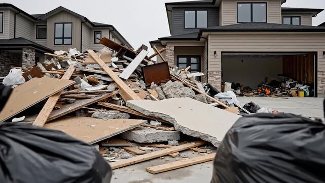 Large pile of construction debris and black trash bags in front of modern suburban houses