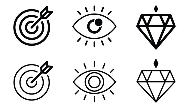 Line icon set with mission vision and values symbols including target with arrow eye and diamond for goals and business success