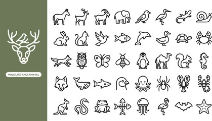 Wild Animal outline icon set. Featuring fox, deer, owl, octopus, and butterfly symbols. Editable stroke vector icons for safari wildlife and zoo collection. © Pixel_Forge
