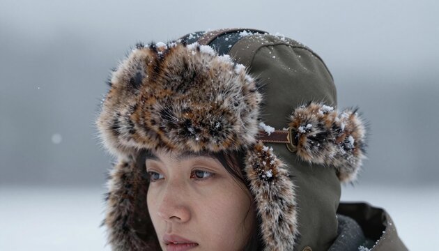 Close-up winter portrait of a woman wearing a fur-lined trapper hat with snowflakes on the fur, thoughtful expression in a muted snowy outdoor scene