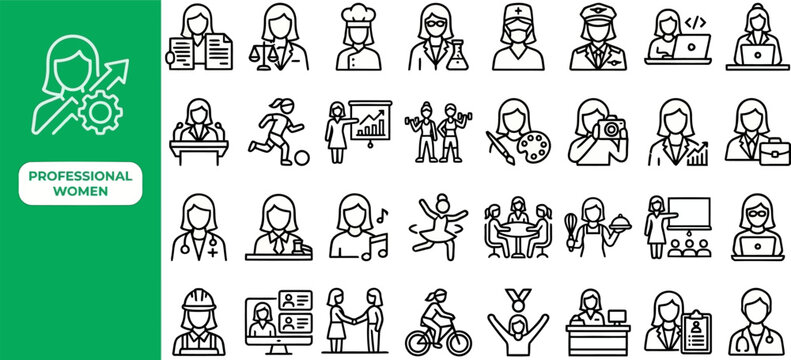 Professional Women outline icon set. Featuring badge, woman, laptop, briefcase, and meeting symbols. Editable stroke vector icons for female leader and career success.