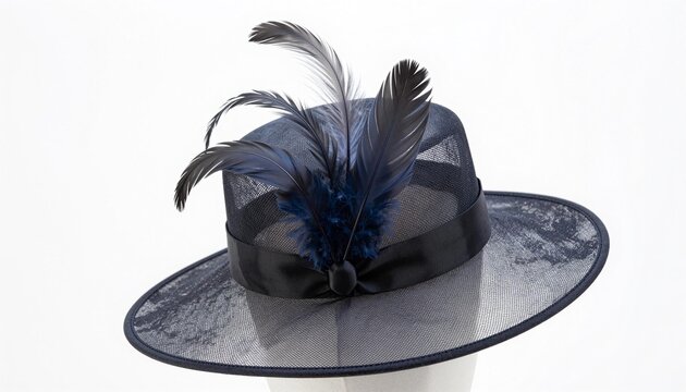 Navy blue wide-brim fascinator hat with mesh, ribbon and decorative feathers