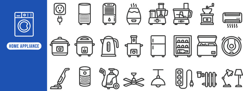 Home Appliance outline icon set. Featuring tv, fan, fridge, microwave, and washing machine symbols. Editable stroke vector icons for kitchen device and electronics store.
