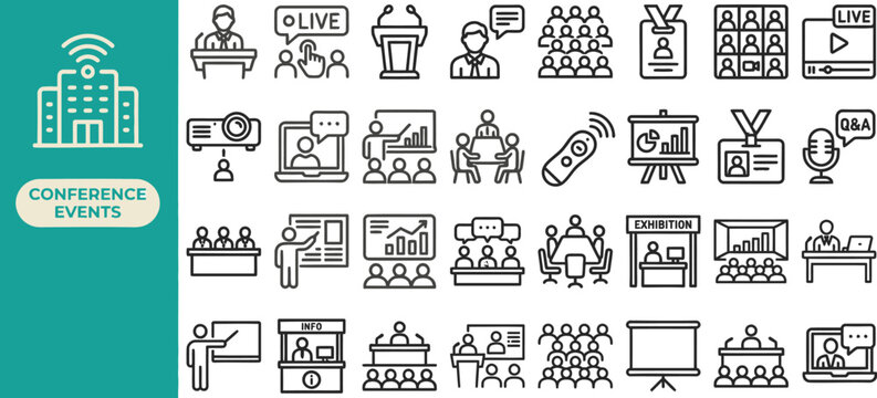 Commercial Client outline icon set. Featuring store, people, building, handshake, and contract symbols. Editable stroke vector icons for business service and customer loyalty.