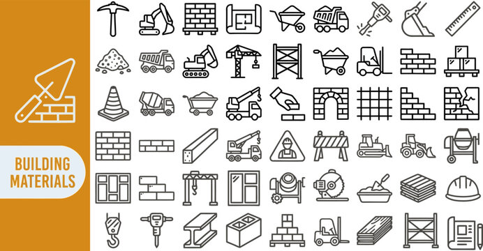 Building Materials outline icon set. Featuring brick, cement, crane, window, and hammer symbols. Editable stroke vector icons for construction supply and hardware store.
