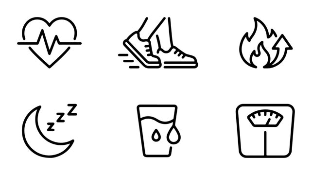 Health and Wellness Icons: Heartbeat, Running, Metabolism, Sleep, Hydration, Weight Scale, Vector Set for Fitness and Lifestyle