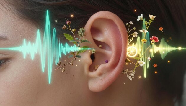 Close-up of a human ear with colorful glowing soundwaves and floral elements blending into an auditory, nature-inspired conceptual visualization