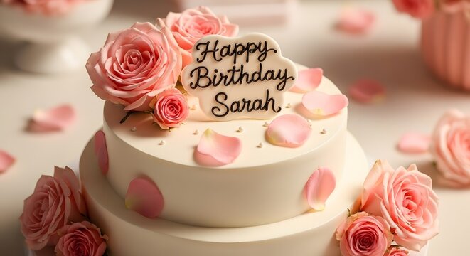 White Birthday Cake Adorned with Pink Roses
Sarah's Romantic Pink Rose Celebration Cake
Elegant Two-Tiered Cake with Rose Petals