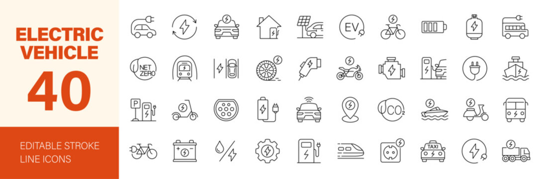 Electric vehicle icon set. Editable line icons. Vector illustration.