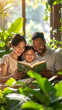 Family reading book indoors.