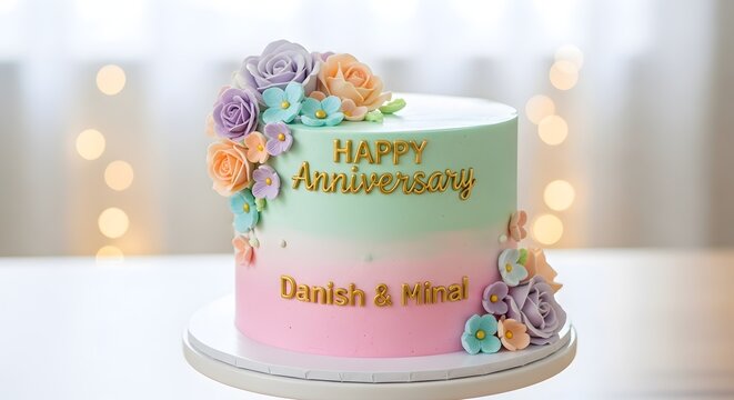 Pastel Ombre Anniversary Cake with Fairy Lights
Danish & Mimi's Dreamy Celebration
Pink and Gold Ombre Cake on White Stand