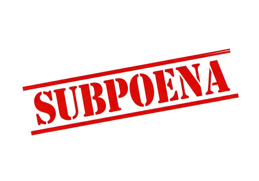 Red subpoena rubber stamp text with double horizontal lines for legal documentation and official court process notification and formal paperwork isolated on a transparent background