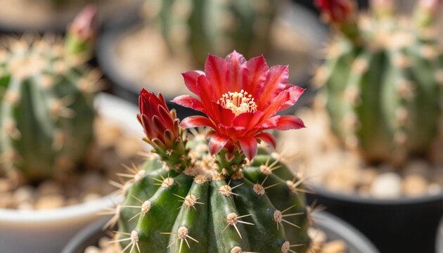 Close-up of a green potted cactus with a vibrant red bloom and unopened bud