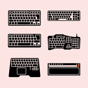 Several different computer keyboards are displayed on a light pink background