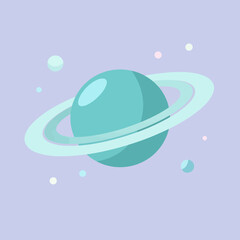 A cartoon illustration of a planet with rings and several smaller celestial © Ayu