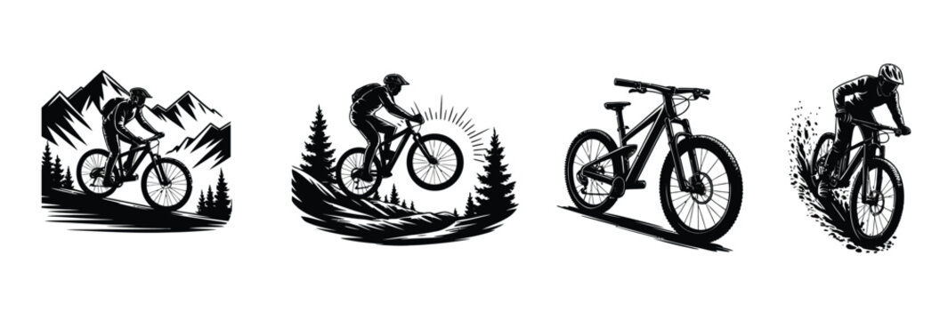 Mountain biking adventure illustration set featuring cyclists and bicycles in black and white vector art style