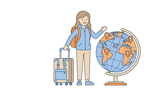 Smiling traveler with suitcase near globe showing destinations